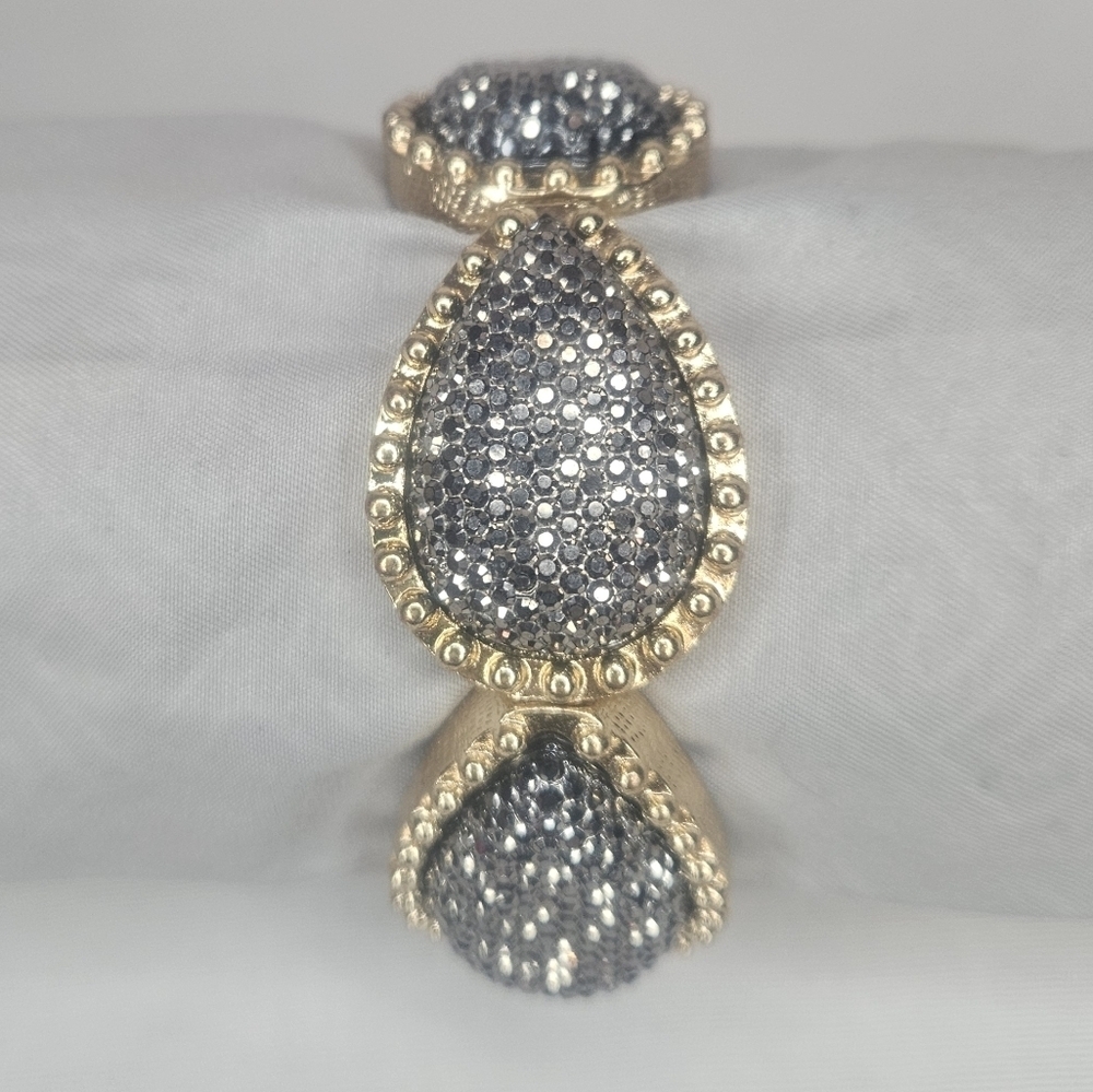 Gold Pave Hematite Teardrop Stretch Bracelet Beaded Coin Edge Border Statement - Picture 1 of 4